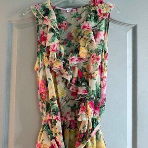 Bongo Floral Top Sleeveless Flutter French Butter Semi Sheer Blouse Belted Top